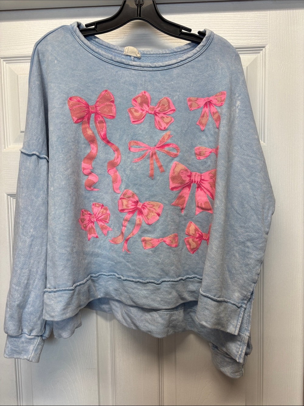 Peach Love Distressed Light Blue Pullover Sweatshirt with Pink Bow Print Medium